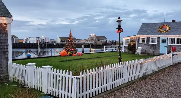 The buoy tree on the harbor lawn at dusk