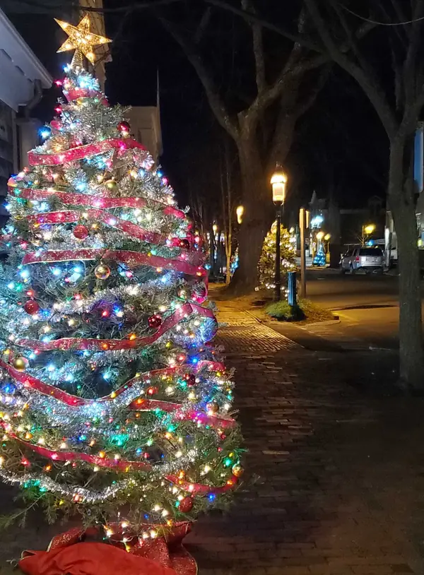 Christmas tree wrapped in red ribbon and lights on a Main Street sidewalk at night